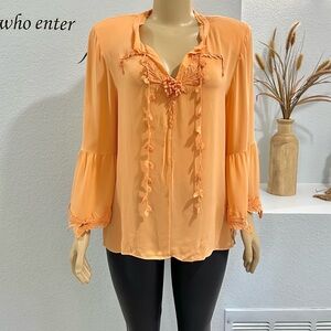 $448 Kobi Halperin Women's Eda Orange Embroidered Silk Blouse Top Size XL